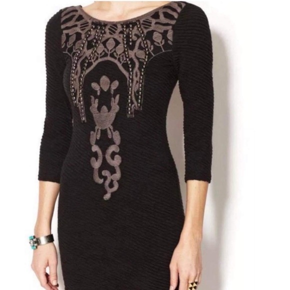 Free people Black textured “Looking for a  Stud” studded 3/4 sleeve mini dress - Picture 5 of 16